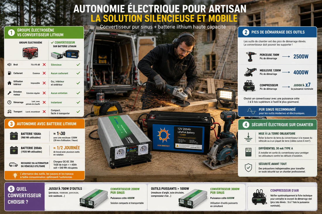 Artisan utilisant une meuleuse sur chantier mobile avec convertisseur pur sinus 3000W et batterie lithium autonome