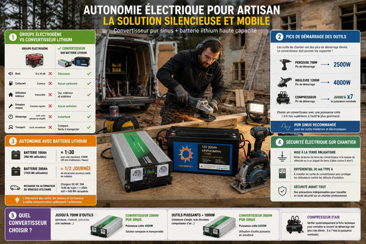 Artisan utilisant une meuleuse sur chantier mobile avec convertisseur pur sinus 3000W et batterie lithium autonome