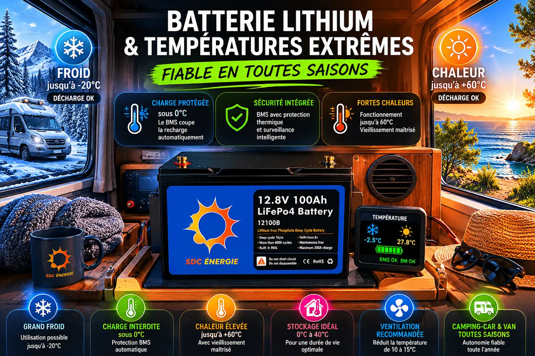 Batterie lithium LiFePO4 12V installée dans un camping-car avec protection thermique contre le froid et la chaleur