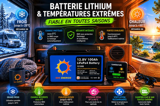 Batterie lithium LiFePO4 12V installée dans un camping-car avec protection thermique contre le froid et la chaleur