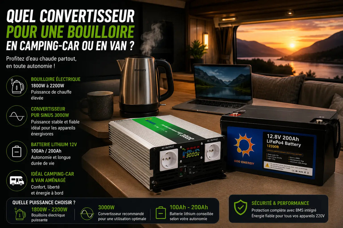 Convertisseur pur sinus 3000W pour alimenter une bouilloire électrique en camping-car ou van aménagé