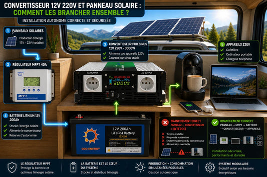 Schéma réaliste de branchement entre panneaux solaires, régulateur MPPT, batterie lithium 12V et convertisseur pur sinus 220V dans une installation autonome