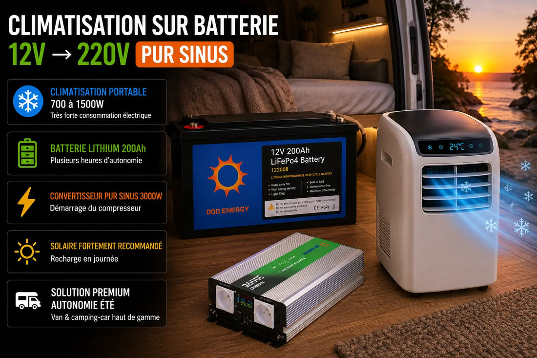 Convertisseur pur sinus 3000W et batterie lithium LiFePO4 pour alimentation de climatisation portable en van et camping-car autonome
