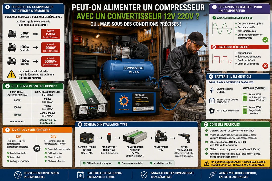 Compresseur à air alimenté par convertisseur pur sinus 3000W et batterie lithium LiFePO4 dans un fourgon atelier autonome