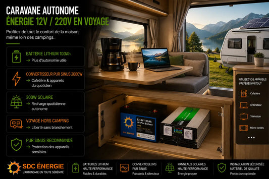 Installation électrique autonome pour caravane avec convertisseur pur sinus 12V 220V, batterie lithium LiFePO4 et panneaux solaires