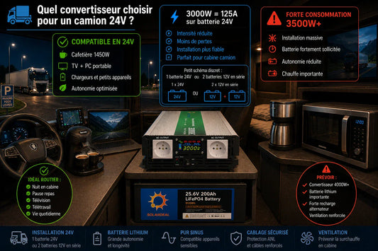 Convertisseur pur sinus 24V 220V dans cabine de camion avec batterie lithium, cafetière, micro-ondes et installation électrique autonome pour routier