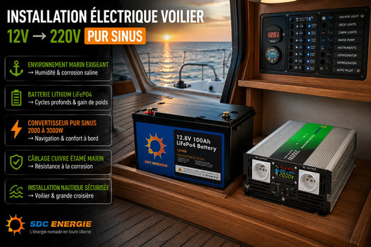 Installation électrique nautique avec convertisseur pur sinus 12V 220V et batterie lithium LiFePO4 sur voilier de croisière