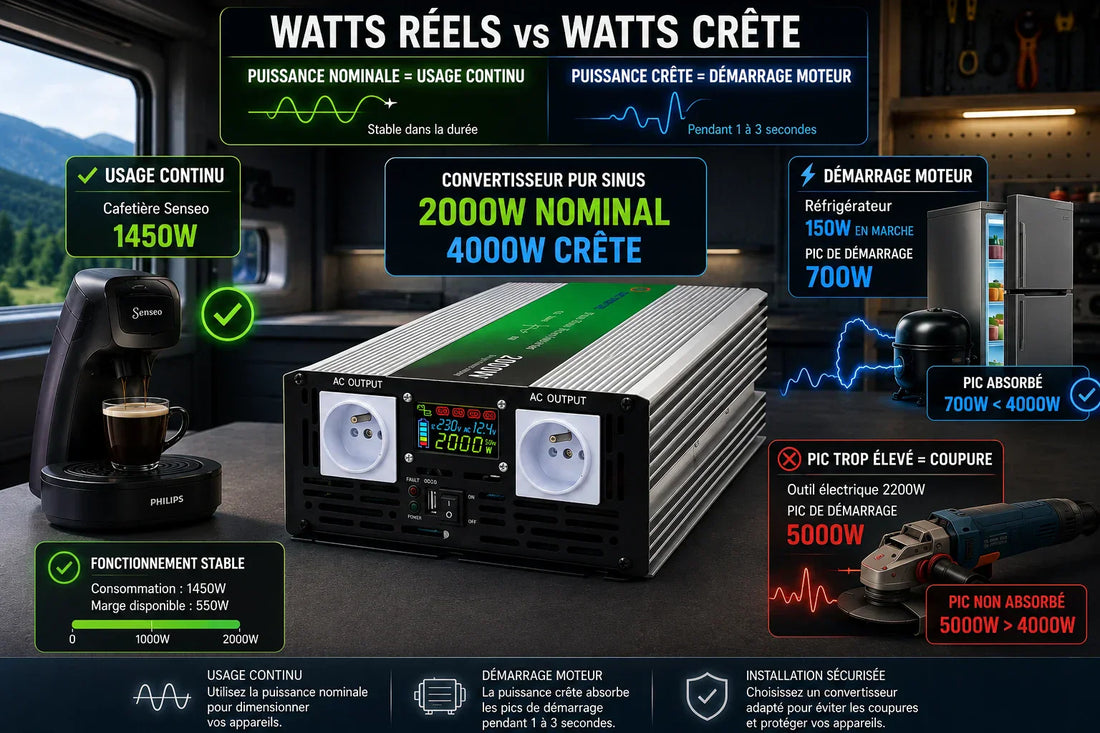 Comparaison entre puissance nominale et puissance crête sur un convertisseur 12V 220V pur sinus alimentant un réfrigérateur, une cafetière et un outil électrique