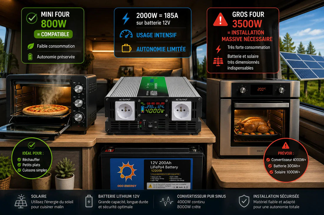 Petit four électrique alimenté par un convertisseur pur sinus 12V 220V avec batterie lithium et installation solaire dans une tiny house autonome
