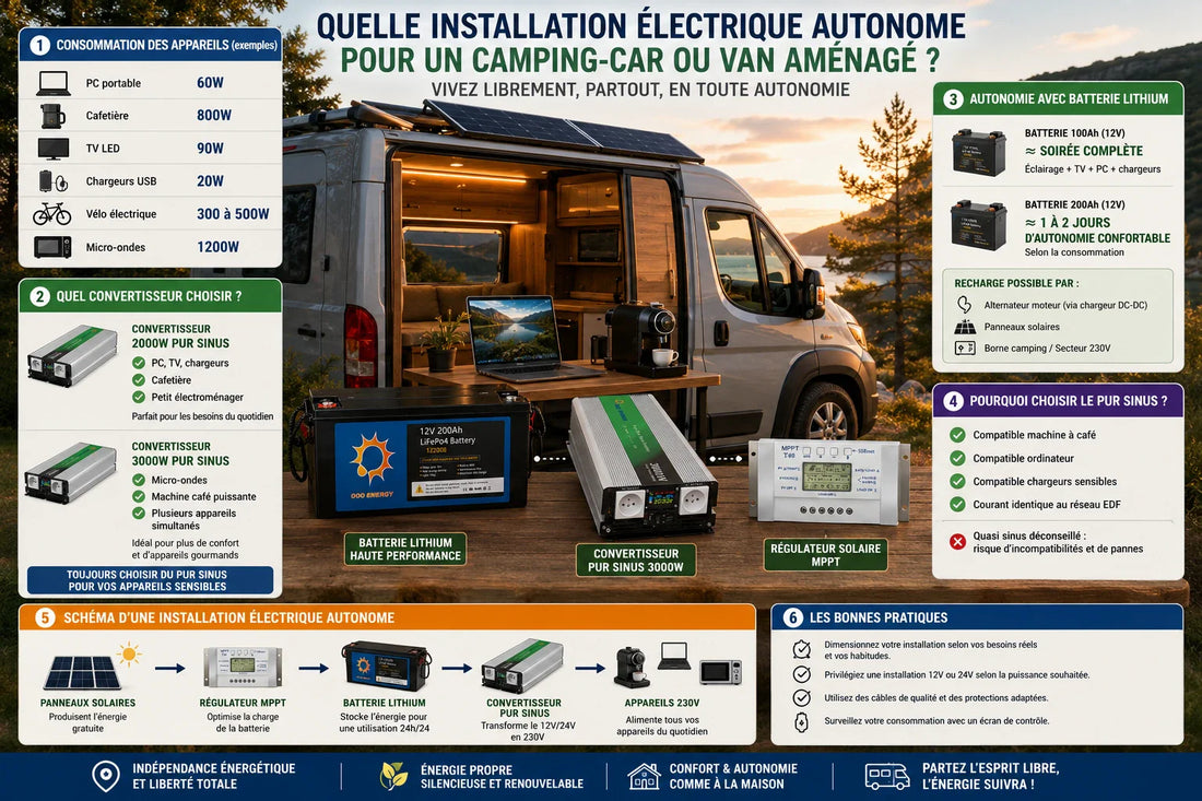 Installation électrique autonome dans un van aménagé avec panneaux solaires, batterie lithium et convertisseur pur sinus