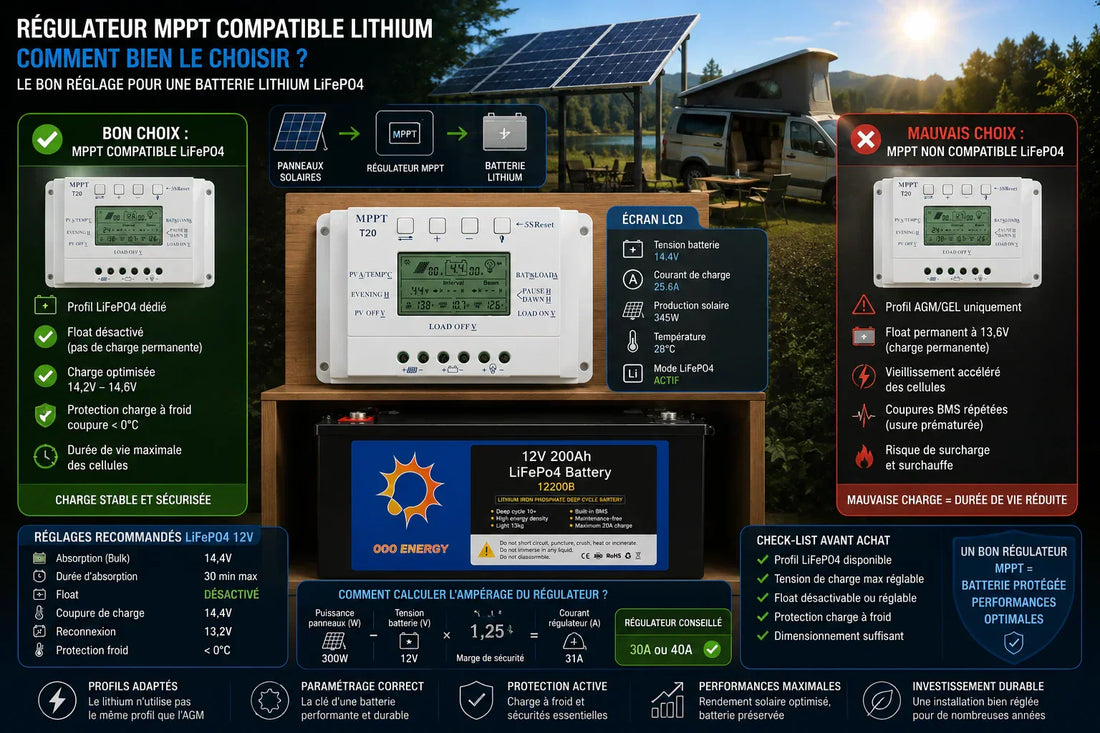 Installation solaire autonome avec régulateur MPPT compatible lithium LiFePO4, batterie 12V et panneaux solaires pour camping-car ou tiny house