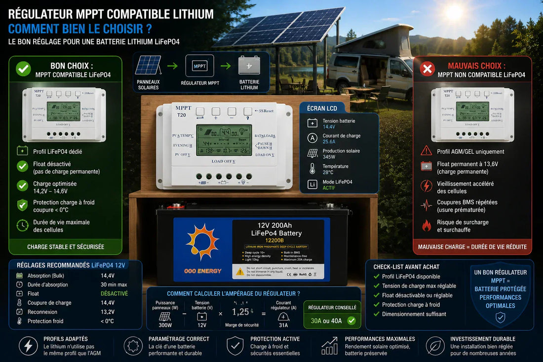 Installation solaire autonome avec régulateur MPPT compatible lithium LiFePO4, batterie 12V et panneaux solaires pour camping-car ou tiny house