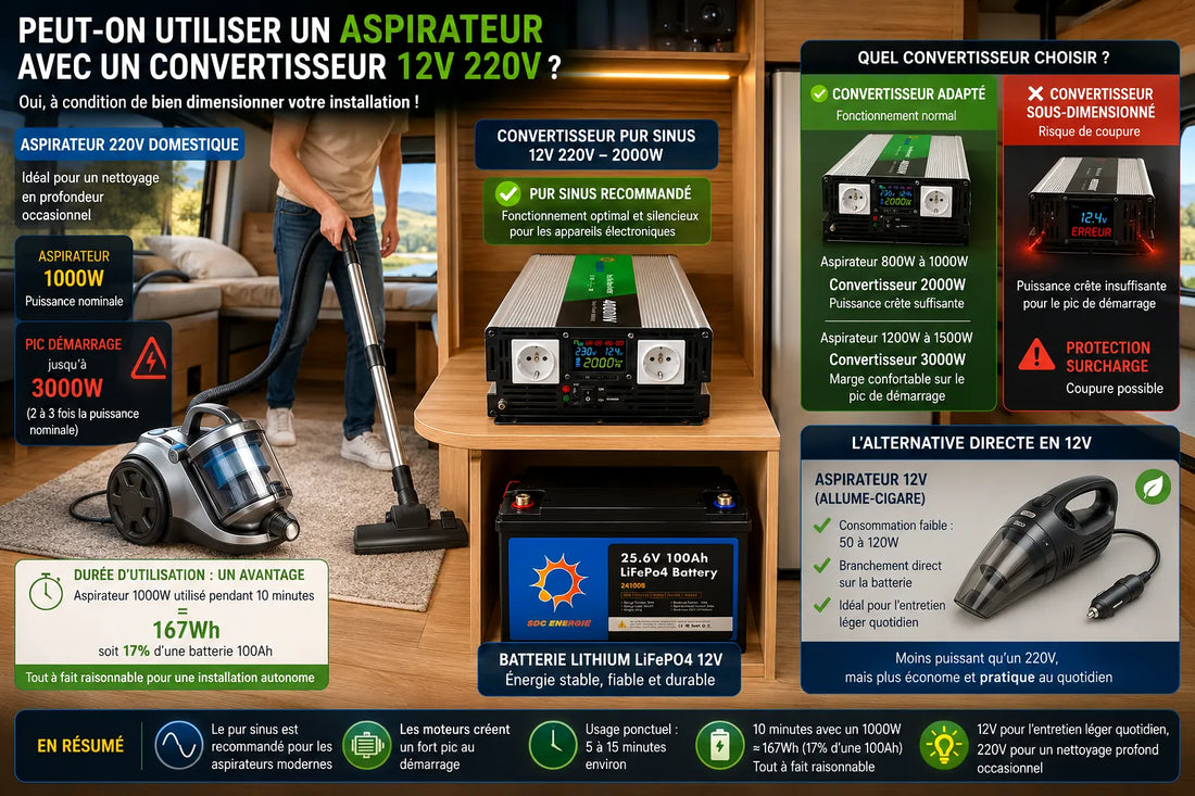 Aspirateur domestique alimenté par un convertisseur pur sinus 12V 220V avec batterie lithium dans un camping-car autonome