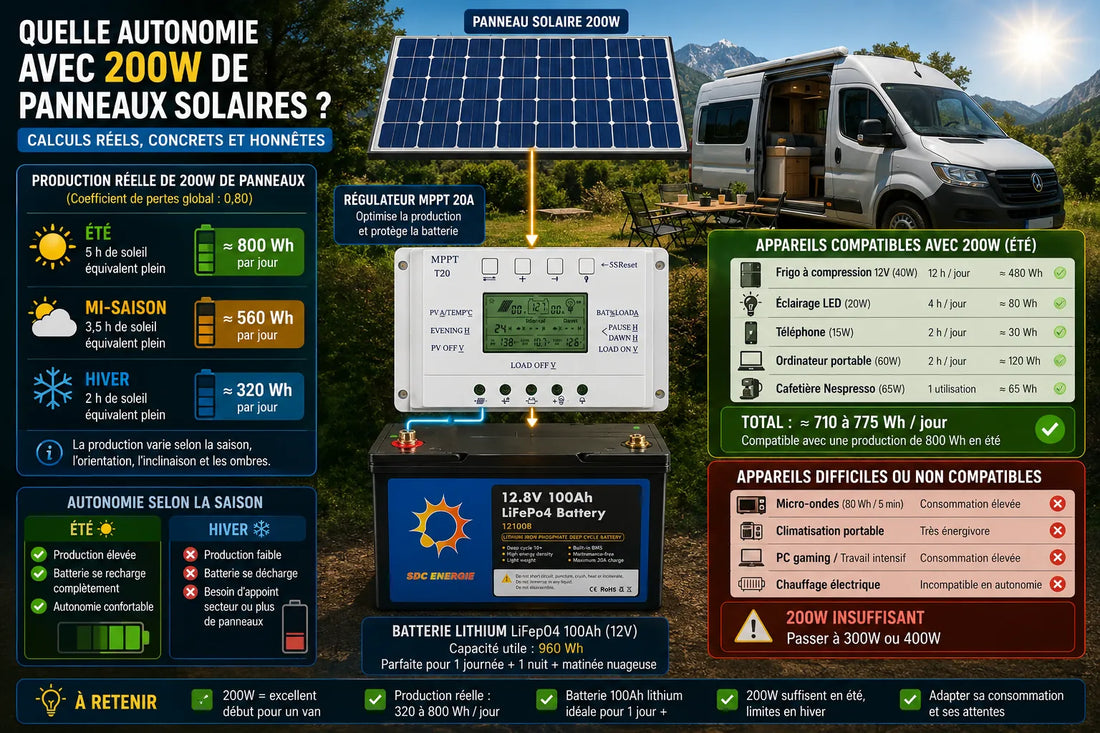 Installation solaire autonome avec panneaux solaires 200W, batterie lithium LiFePO4 et équipements de van aménagé alimentés quotidiennement