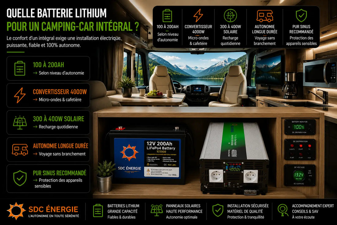 Batterie lithium grande capacité et convertisseur pur sinus dans un camping-car intégral autonome