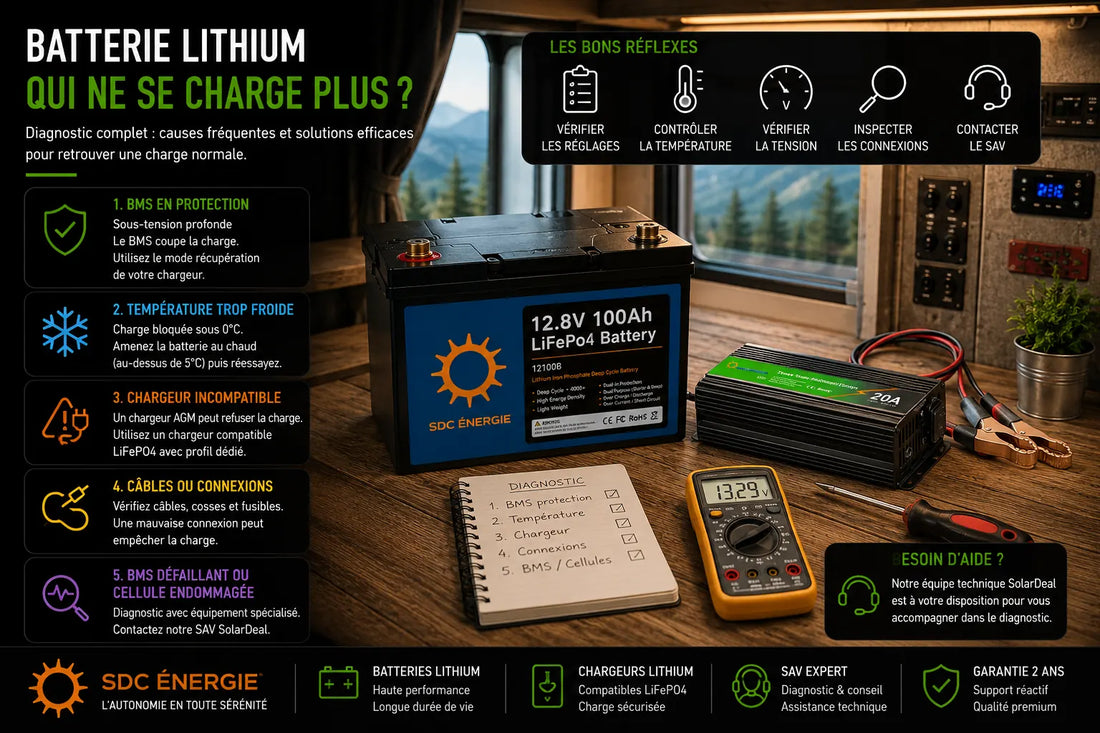 Diagnostic d’une batterie lithium LiFePO4 qui ne se recharge plus avec multimètre et chargeur compatible
