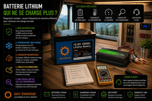 Diagnostic d’une batterie lithium LiFePO4 qui ne se recharge plus avec multimètre et chargeur compatible