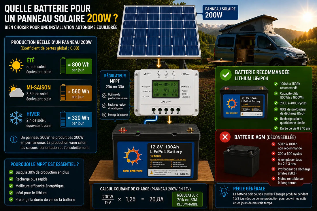 Panneau solaire 200W avec batterie lithium LiFePO4 et régulateur MPPT dans une installation solaire autonome pour van ou tiny house