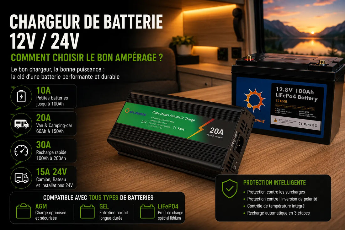 Chargeur de batterie 12V 24V branché sur batterie lithium LiFePO4 dans un camping-car autonome