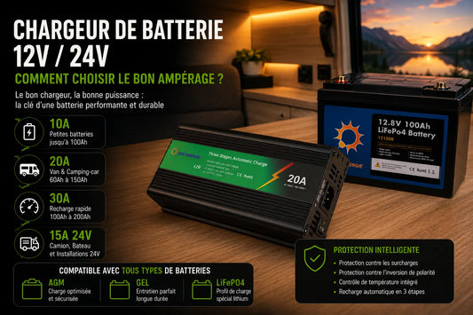 Chargeur de batterie 12V 24V branché sur batterie lithium LiFePO4 dans un camping-car autonome