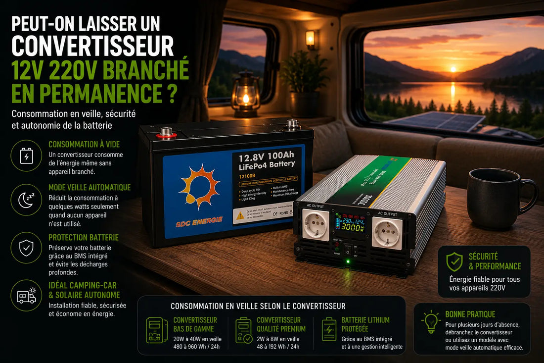 Convertisseur 12V 220V pur sinus branché en permanence avec batterie lithium dans un camping-car autonome.