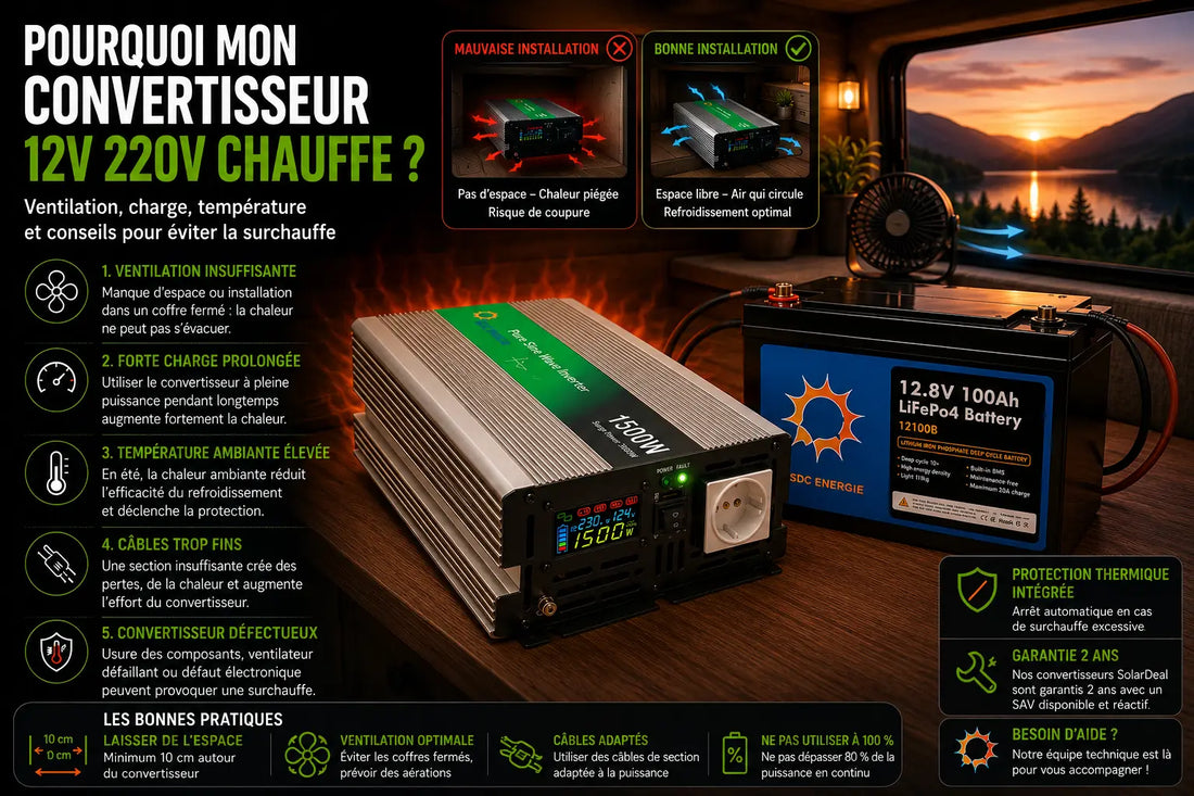 Convertisseur 12V 220V pur sinus qui chauffe dans un camping-car avec ventilation, batterie lithium et installation solaire autonome.