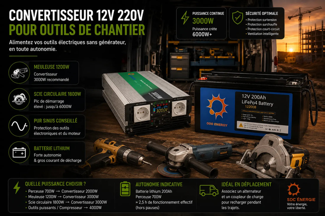 Convertisseur 12V 220V pur sinus alimentant des outils de chantier sur batterie lithium dans un véhicule utilitaire autonome