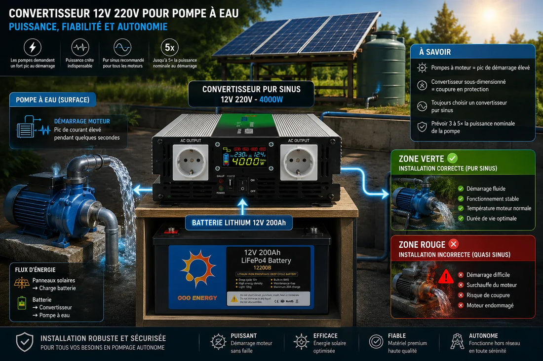 Pompe à eau alimentée par un convertisseur pur sinus 12V 220V avec batterie lithium et panneaux solaires dans une installation autonome