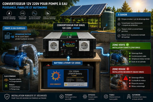Pompe à eau alimentée par un convertisseur pur sinus 12V 220V avec batterie lithium et panneaux solaires dans une installation autonome