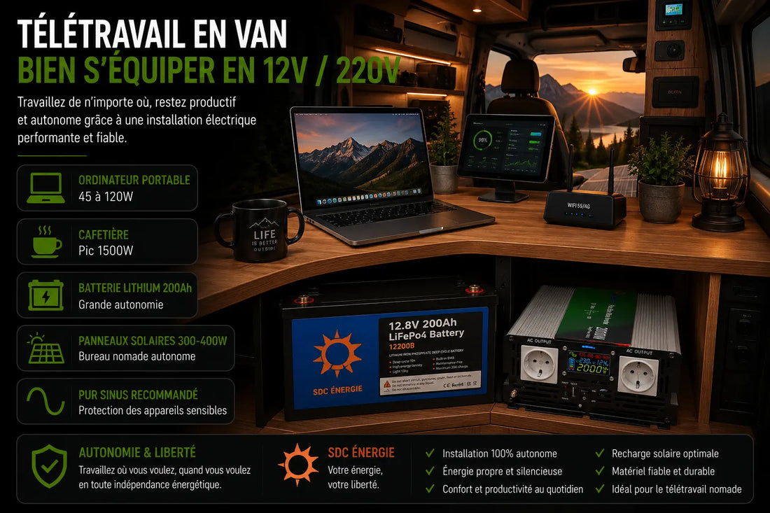 Installation électrique autonome pour télétravail en van avec convertisseur pur sinus, batterie lithium et ordinateur portable