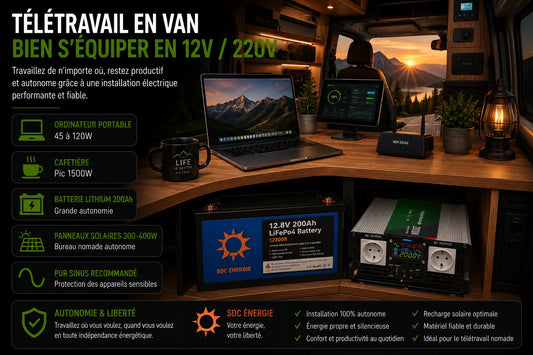 Installation électrique autonome pour télétravail en van avec convertisseur pur sinus, batterie lithium et ordinateur portable