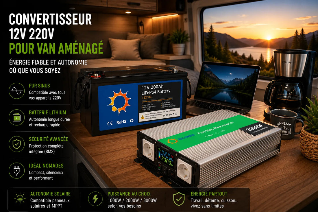 Convertisseur pur sinus 12V 220V dans un van aménagé avec batterie lithium et installation solaire autonome