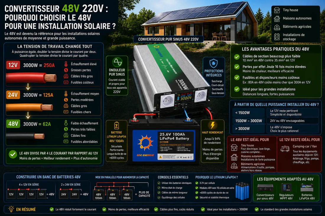 Installation solaire autonome 48V avec convertisseur pur sinus, batteries lithium LiFePO4 et panneaux solaires pour tiny house ou maison hors réseau