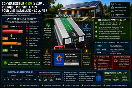 Installation solaire autonome 48V avec convertisseur pur sinus, batteries lithium LiFePO4 et panneaux solaires pour tiny house ou maison hors réseau