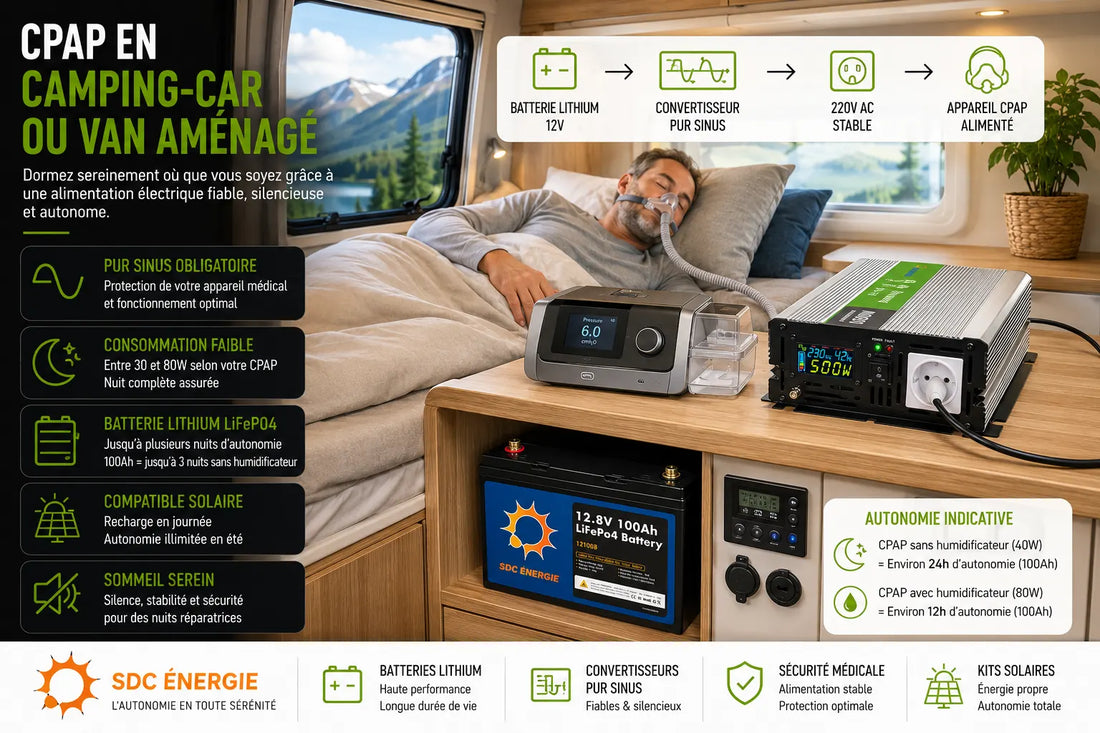 Appareil CPAP alimenté par convertisseur pur sinus et batterie lithium dans un van aménagé autonome