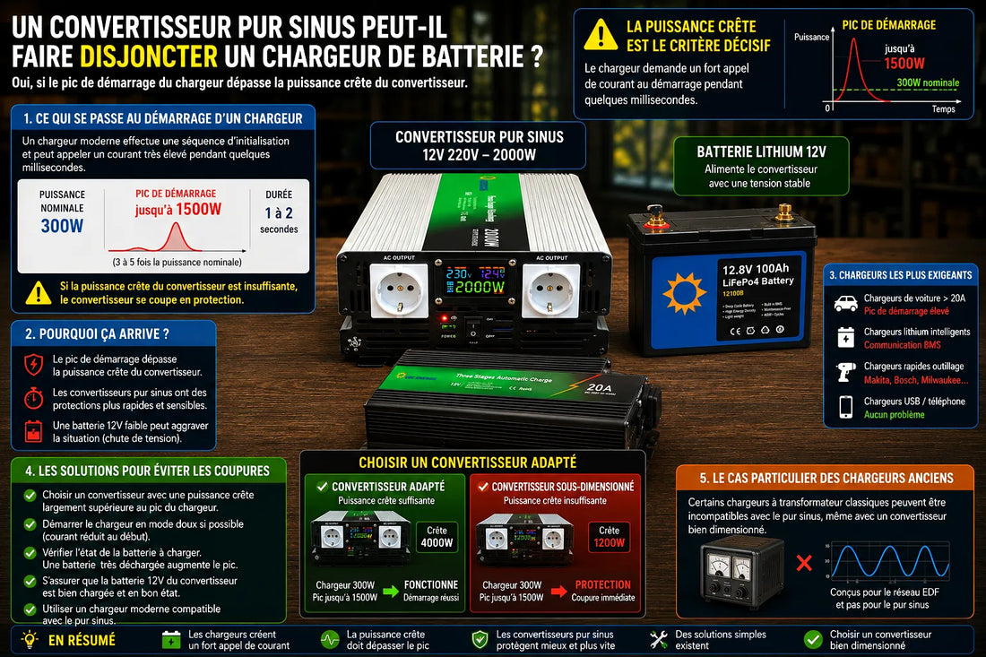 Convertisseur pur sinus en protection lors du démarrage d’un chargeur de batterie avec explication des pics de puissance et surcharge temporaire