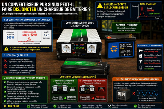 Convertisseur pur sinus en protection lors du démarrage d’un chargeur de batterie avec explication des pics de puissance et surcharge temporaire