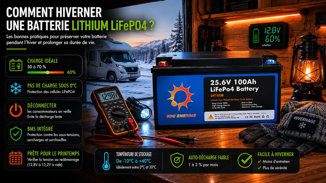 Batterie lithium LiFePO4 hivernée dans un camping-car avec conseils de stockage et protection contre le froid