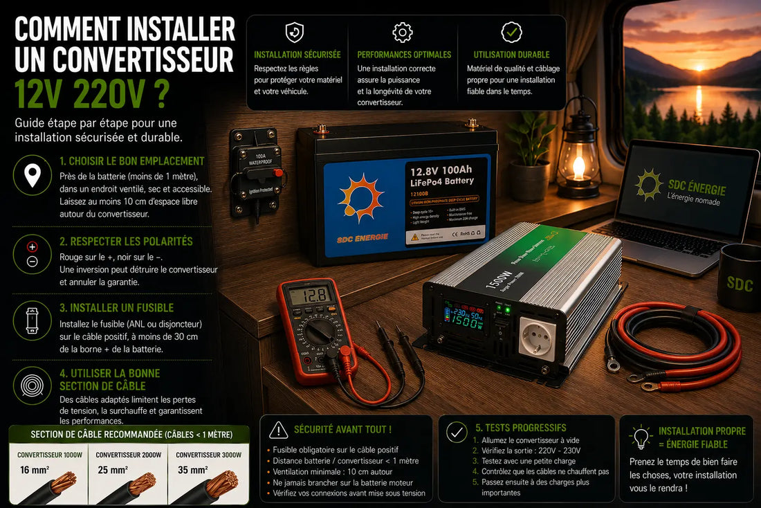 Installation d’un convertisseur 12V 220V pur sinus avec batterie lithium dans un camping-car aménagé