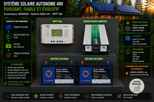Installation solaire autonome résidentielle hors réseau EDF avec convertisseur pur sinus 48V, batteries lithium LiFePO4 et panneaux solaires pour maison isolée