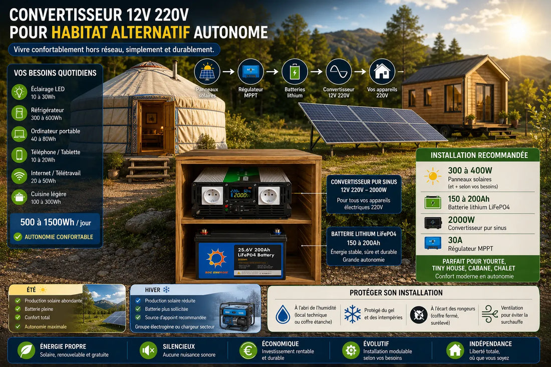 Habitat alternatif autonome avec panneaux solaires, convertisseur pur sinus et batteries lithium pour alimentation électrique hors réseau