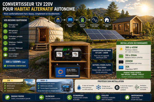 Habitat alternatif autonome avec panneaux solaires, convertisseur pur sinus et batteries lithium pour alimentation électrique hors réseau
