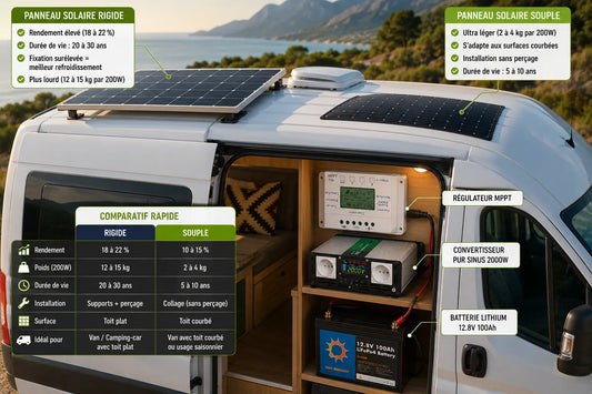 Comparaison panneau solaire rigide et panneau solaire souple sur installation autonome de camping-car avec batterie lithium et régulateur MPPT