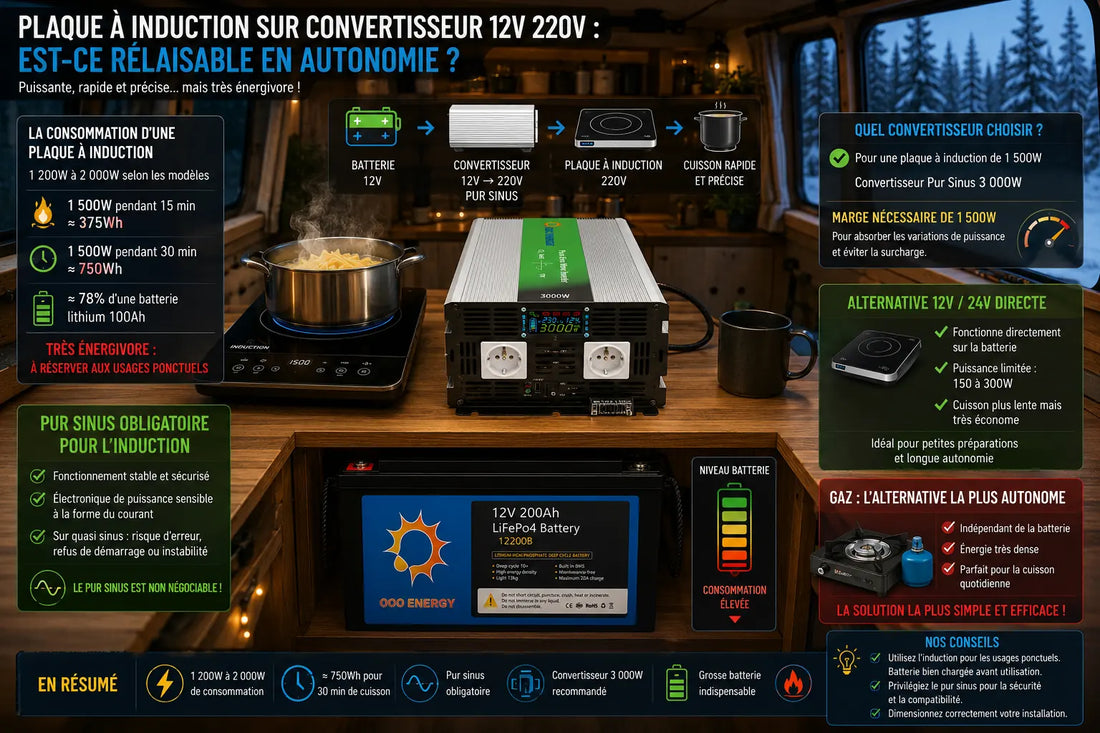 Plaque à induction 220V alimentée par un convertisseur pur sinus 3000W et batterie lithium dans une installation solaire autonome pour van et camping-car