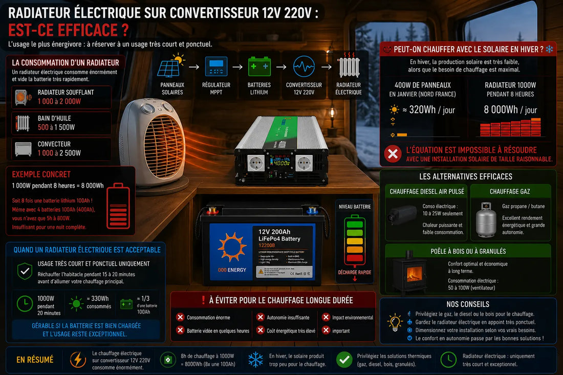 Convertisseur pur sinus 12V 220V avec batterie lithium alimentant un radiateur électrique dans une installation solaire autonome pour van, tiny house ou habitat alternatif