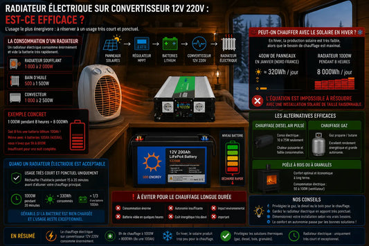 Convertisseur pur sinus 12V 220V avec batterie lithium alimentant un radiateur électrique dans une installation solaire autonome pour van, tiny house ou habitat alternatif