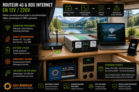 Routeur 4G et box internet alimentés par convertisseur pur sinus et batterie lithium en installation autonome