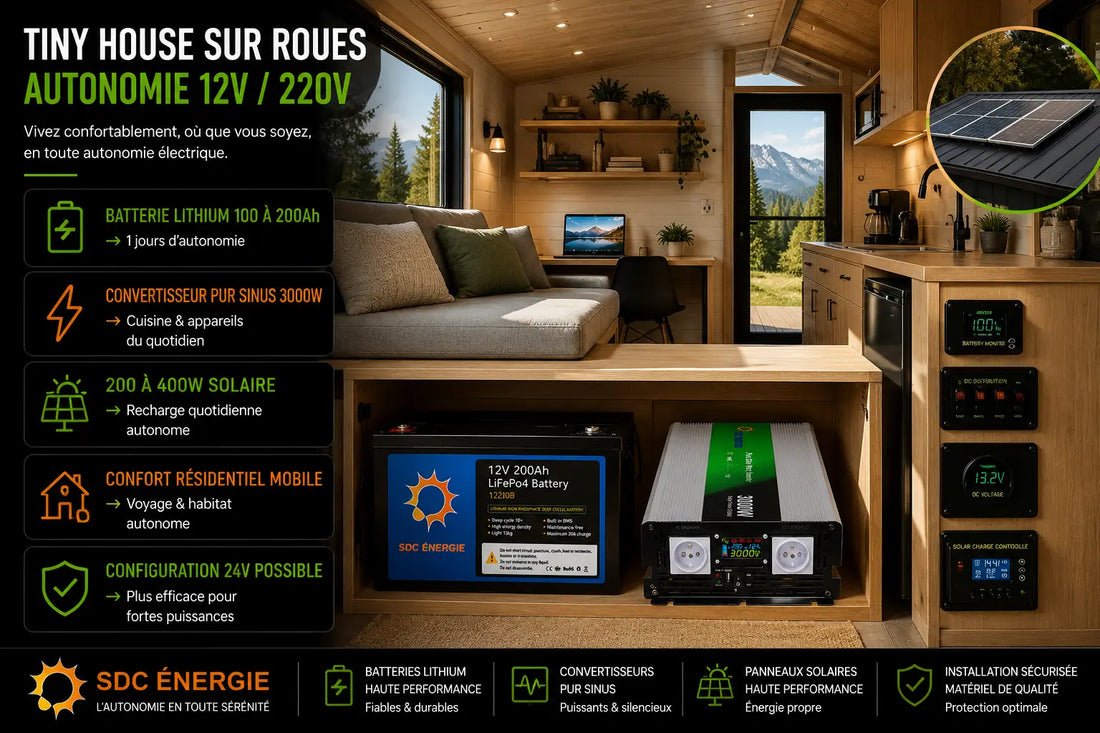 Installation électrique autonome avec batterie lithium et convertisseur pur sinus dans une tiny house sur roues