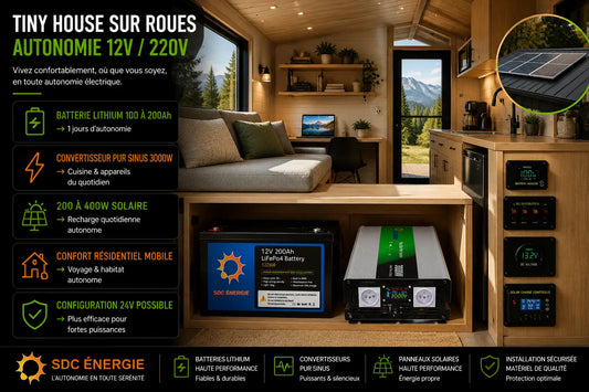 Installation électrique autonome avec batterie lithium et convertisseur pur sinus dans une tiny house sur roues